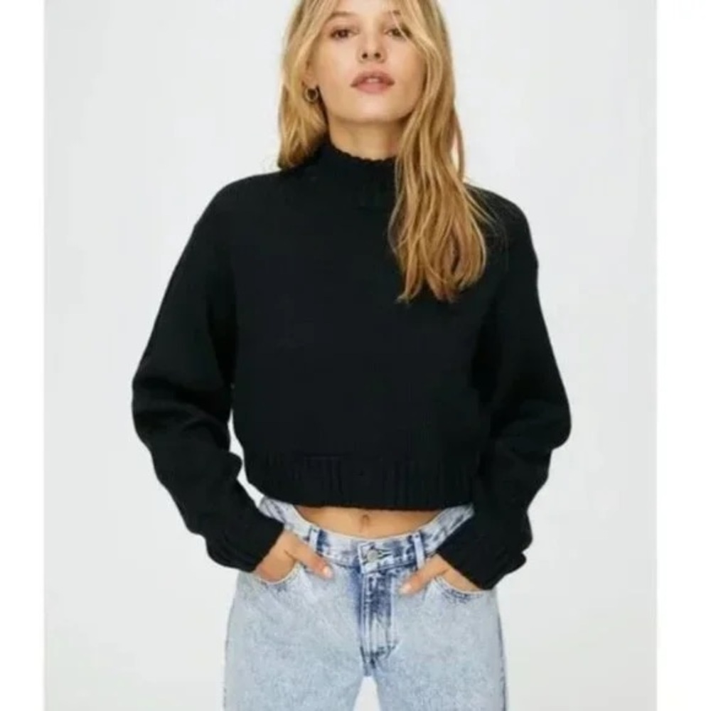 Aritzia Black Cropped Wool Turtleneck Sweater